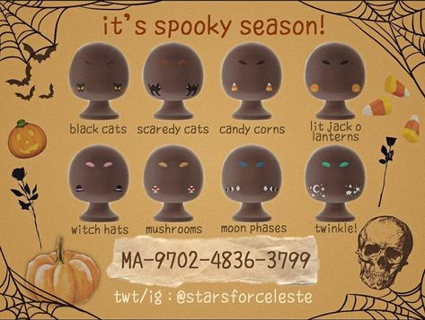 Acnh Clothes Design Id Fall, Halloween Face Designs, Fall Acnh, Halloween Acnh, Acnh Spooky, Spooky Island, Animal Crossing Town Tune, Acnh Halloween, Clothing Codes