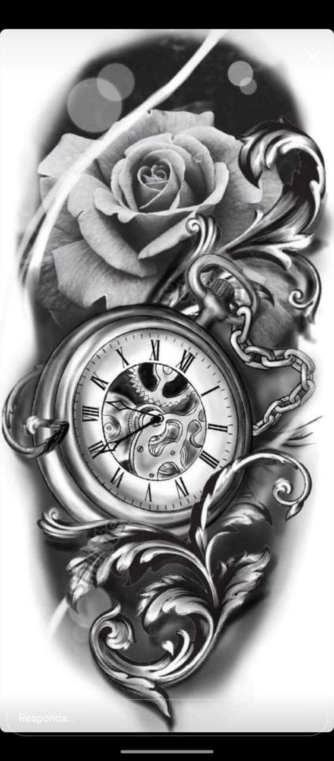 Tattoo Trends 2023, Clock Tattoo Sleeve, Pocket Watch Tattoo Design, Clock And Rose Tattoo, Watch Tattoo Design, Pocket Watch Tattoos, Skull Rose Tattoos, Rose Drawing Tattoo, Half Sleeve Tattoos Drawings