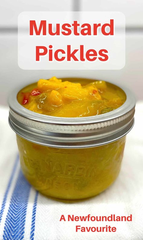 Mustard Pickles. A decades old favourite in Newfoundland as a zesty addition to fish cakes, Jigg's dinner and many other traditional meals. Canning Mustard Pickles, Best Mustard Pickle Recipe, Sweet Mustard Pickles, Jiggs Dinner, Mustard Pickle Recipe, Pickled Beets Recipe, Newfoundland Recipes, Pickled Mustard Greens, Mustard Pickles