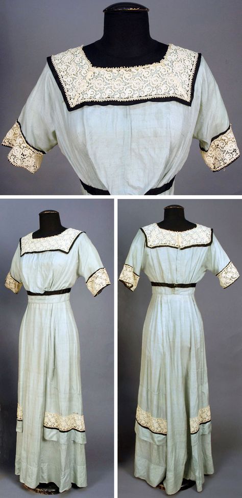 Summer dress, circa 1915. Blue slubbed silk trimmed with lace and black satin bands. Via Whitaker Auctions. 1912 Fashion, Early 20th Century Fashion, Scarlet Ibis, Fashion 1910, Historical Clothes, 1900s Fashion, 1910s Fashion, Historic Fashion, 1920 Fashion