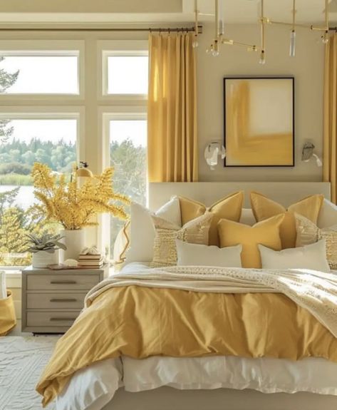 Yellow Theme Room, Bedroom Inspirations Yellow, Yellow Bedroom Aesthetic, Amber Bedroom, Yellow Grey Bathroom, Romantic Living Room, Yellow Theme, Grey Bathroom, Yellow Bedroom