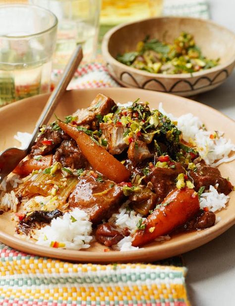 Delicious Moroccan-spiced fruity pork - can be frozen for up to 2 months! Serve with rice or couscous. Moroccan Feast, Regional Recipes, Tagine Recipes, Moroccan Spices, Caribbean Food, Supper Ideas, Ras El Hanout, Savoury Recipes, Moroccan Food