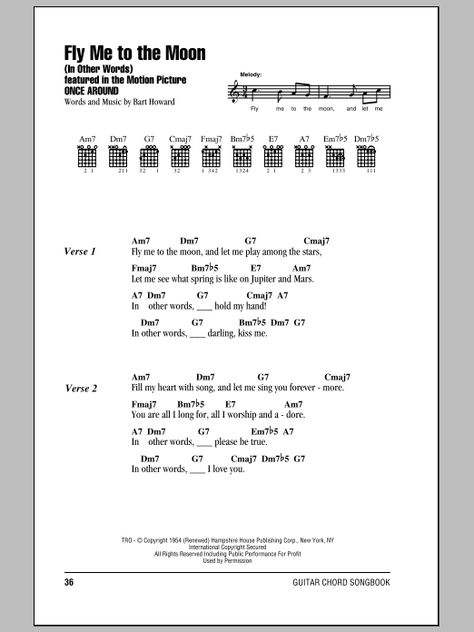 Fly Me To The Moon (In Other Words) by Frank Sinatra - Guitar Chords/Lyrics - Guitar Instructor Fly Me To The Moon Guitar Chords, Guitar Cords And Lyrics, Mary Alex G Guitar Chords, Guitar Songs With Chords, Acoustic Guitar Tattoo, Song Chords, Acoustic Guitar Chords, Easy Guitar Chords, Chords Guitar