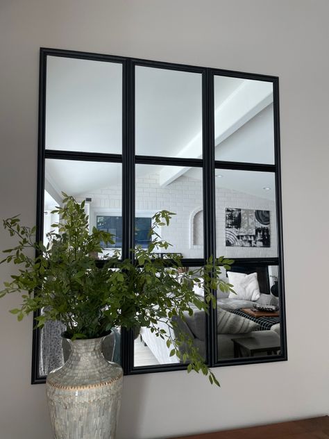 DIY home decor- black frame mirror - industrial mirror Black Grid Mirrors, Cheap Black Mirror, Office Mirror Wall Interior Design, Panel Mirror Entryway, Black Mirror Dining Room, Diy Black Mirror Wall, Black Frame Mirror Living Rooms, Diy Black Mirror Frame, Square Mirrors On Wall