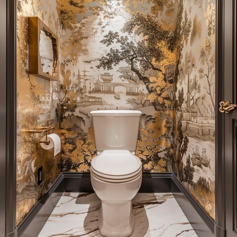 behind-toilet-decor Wallpaper Bottom Half Of Wall Bathroom, Toilet Closet Ideas Accent Walls, Toilet With Wallpaper, Water Closet Wallpaper Ideas, Bathroom Wallpaper And Tile, Small Toilet Ideas Downstairs Loo, Washroom Wallpaper, Small Toilet Decor, Wallpaper Toilet