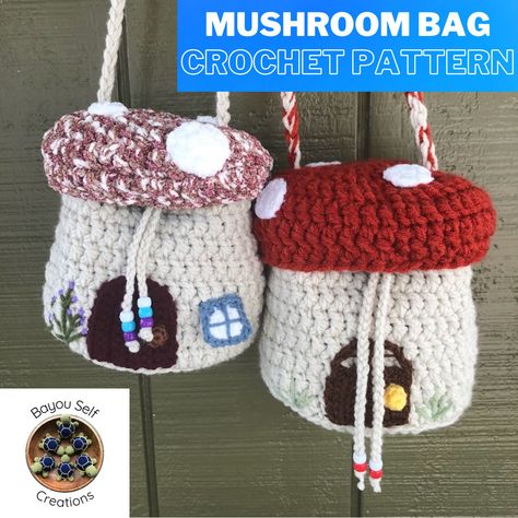 Crochet Pattern Mushroom, Handmade Childrens Gifts, Bucket Bag Crochet, Mushroom Amigurumi, Mushroom Bag, Drawstring Bag Pattern, Crochet Succulent, Crochet Dragon Pattern, Bag Crochet Pattern