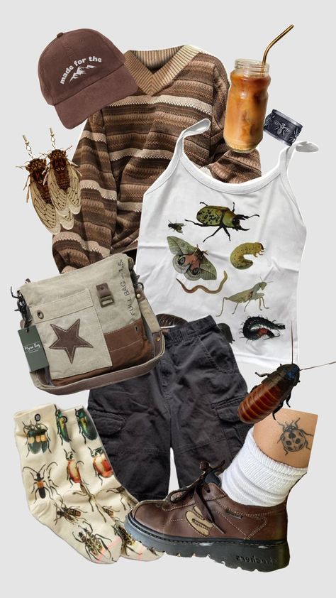 #outfitcollage #brownoutfit #bugcore #granolaaesthetic Paperboy Outfit, Masc Earthy Outfits, Vulture Culture Aesthetic Outfits, Bug Aesthetic Outfit, Bugcore Outfits, Earth Tone Aesthetic Fashion, Grandpa Aesthetic Outfit, Grandpa Core Outfits, Grandpa Aesthetic