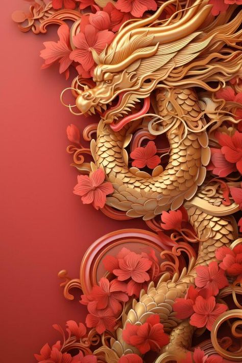 Chinese New Year red background with gold dragon with large copyspace area Orange Dragon Wallpaper, Red And Gold Leaf Wallpaper, Red And Gold Dragon Art, Dragon On Gold Pile, Chinese Dragon Horizontal, Design Dragon, Gold Dragon, Red Background, Gold Design