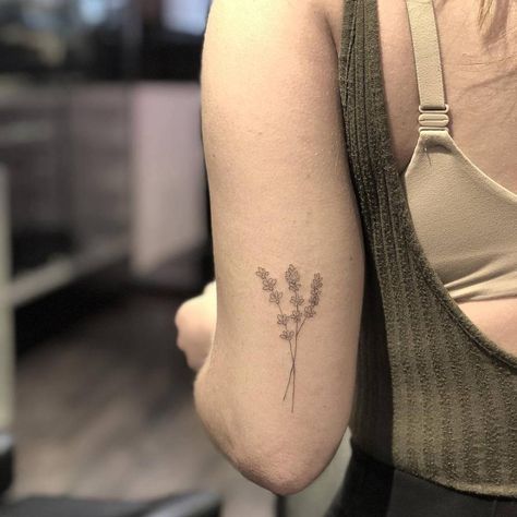 Lavender Tattoo Back Of Arm, Places To Put A Tattoo, Line Lavender Tattoo, Back Of Elbow Tattoos For Women, Fine Line Lavender, Back Elbow Tattoo, Fine Line Lavender Tattoo, Tattoo Healing Stages, Nature Tattoos For Women