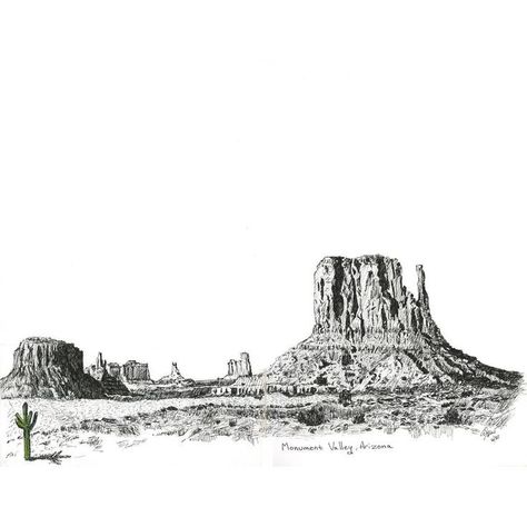 Southwestern Drawing, Western Landscape Drawings, Monument Valley Tattoo, Wild West Drawing, Desert Landscape Drawing, Arizona Drawing, Wild West Tattoo, Western Landscape Art, Desert Drawing