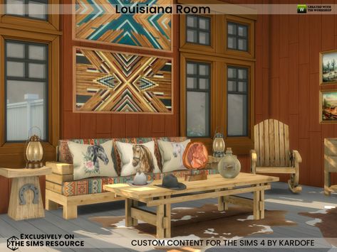 The Sims Resource - Louisiana Room Sims 4 Country Cc, Sims 4 Beds, Country Clothes, Sims 4 Clutter, Country Dining, Ranch Decor, Western Furniture, Best Sims, Western Homes