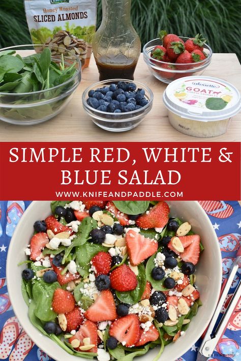 Simple Red, White & Blue Salad • www.knifeandpaddle.com Red White Blue Salad, Red White And Blue Salad, Maple Balsamic Dressing, Blueberry Goat Cheese, Honey Roasted Almonds, Delicious Crockpot Recipes, Blue Salad, Berry Salad, Strawberries Blueberries