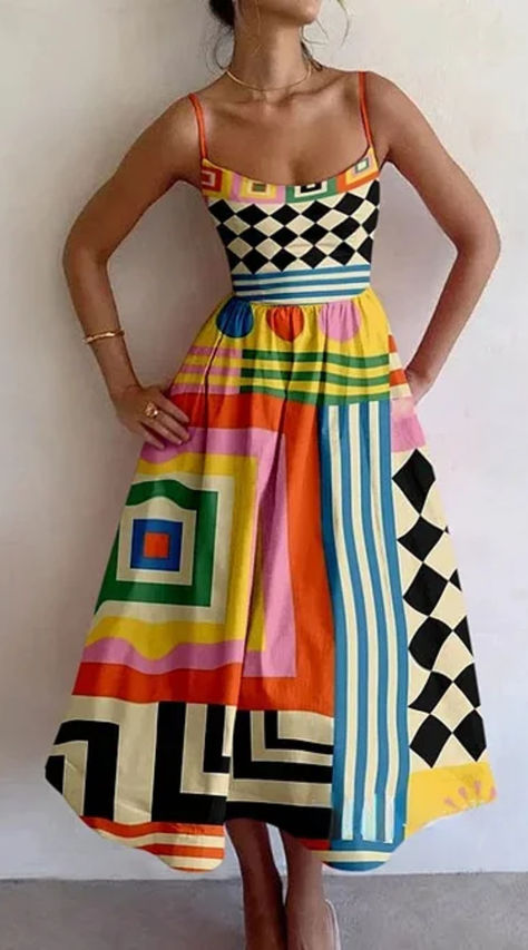 Step into style with our Women's Retro Colorful Geometric Print Strappy Dress. This chic piece, adorned with vibrant, original designs, offers a fresh take on fashion. Crafted from soft, breathable fabric, it's perfect for the transitional season. Whether paired with boots or sandals, this dress adds a splash of creativity to your wardrobe. Embrace the world of wearable art with every wear. Geometric Outfit, World Of Wearable Art, Creative Dress, Abstract Art Collection, Geometric Fashion, Geometric Print Dress, Skirts With Boots, Strappy Dress, Retro Fabric