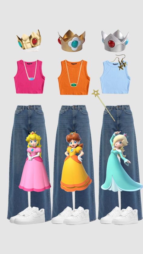 #myfirstshuffle #halloweencostume #triohalloweencostume #princesspeach #princessdaisy #princessrosalina #halloween Princess Daisy Costume, Princess Peach And Daisy, Halloween Costumes Trio, Daisy Costume, Peach And Daisy, Halloween Is Cool, Peach Clothes, Peach Costume, Mario Costume