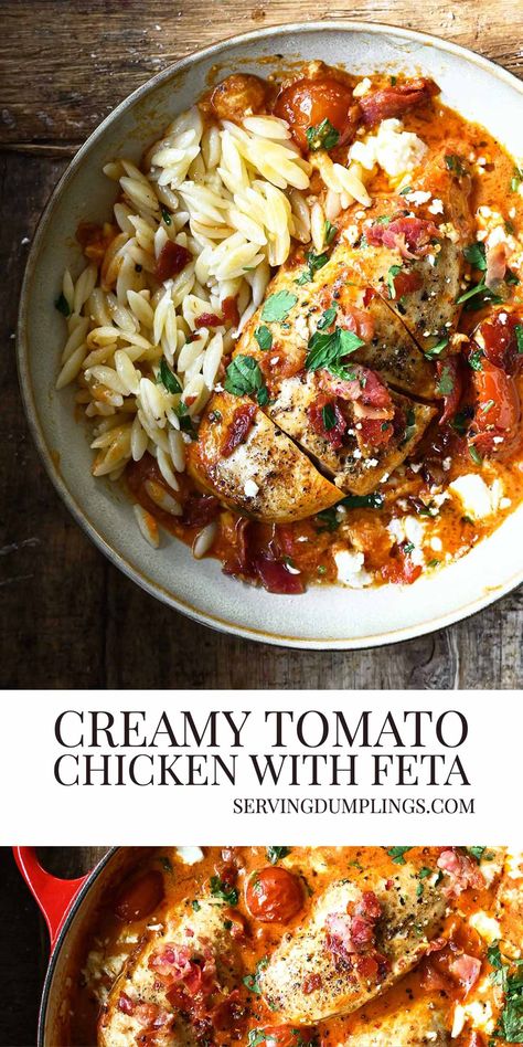 Creamy Tomato Chicken with Feta Somewhat Healthy Meals, Dinner To Impress In Laws, Dinner For In Laws, Ethnic Dinner Recipes, Rainy Day Dinner Ideas, Lidl Recipes, Rainy Day Dinner, Fancy Dinner Ideas, Creamy Tomato Chicken