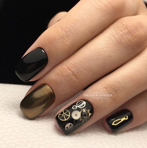 Steampunk Nails, Nail Design Video, Punk Nails, Pretty Nail Designs, Black Nail Designs, Super Nails, Colorful Nail Designs, Nail Paint, Cool Nail Art