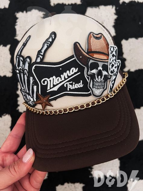 Trucker Patch Hat Ideas, Country Trucker Hats For Women, Hand Painted Hats Design, Patches On Hats, Bride Trucker Hat, Western Trucker Hats With Patches, Hat With Patches, Hat Patches Design, Trucker Hat Bar Ideas