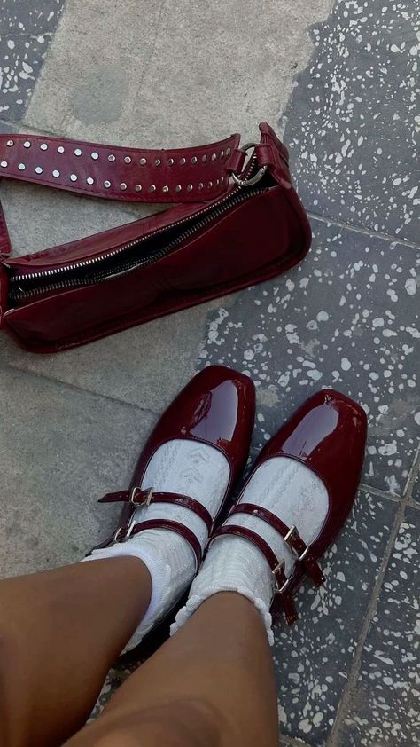 Maroon Shoes Outfit Women, Cherry Red Flats Outfit, Maroon Mary Janes, Red Mary Jane Shoes Outfit Ideas, Cherry Red Mary Janes, Wine Shoes Outfit, Wine Red Shoes, Burgundy Mary Janes Outfit, Burgundy Mary Janes