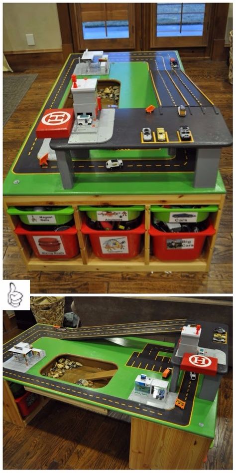 DIY Kids Race Car Track Ideas & Tutorials - DIY Storage Car Table Tutorial Shark Room, Car Table, Block Area, Train Table, Lego Table, Sand Play, Water Table, Play Table, Big Boy Room