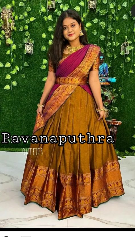 Narayanapet Sarees Blouse Designs, Narayana Peta Half Sarees, Narayana Pattu Half Sarees, Narayana Pattu Dresses, Narayanapet Pattu Half Saree, Traditional Half Saree Designs, Pattu Half Saree, Pattu Langa, Langa Voni