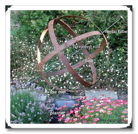 diy armillary Garden Orbs, Metal Plant Hangers, Wine Barrel Rings, Front Landscape, Barrel Ring, Garden Spheres, Garden Totem, Armillary Sphere, Barb Wire