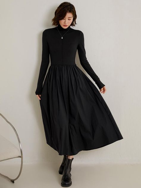 Turtleneck With Long Skirt, Long Skirt And Turtleneck Outfit, Turtleneck And Long Skirt Outfit, Professional Outfits Women Dress, Turtleneck Dress Formal, Turtleneck Long Skirt, Black Dress Classy Long Sleeve, Modest Goth Outfit, Turtleneck Dress Layering