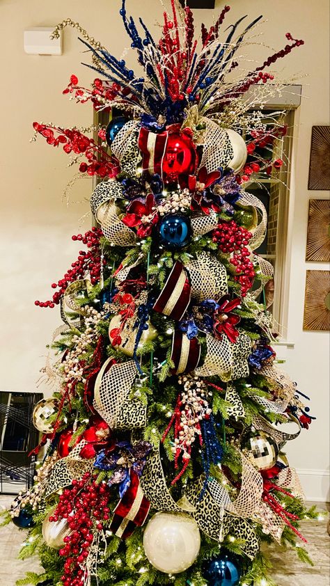 Navy Red Christmas Tree, Patriotic Trees Christmas, Red White And Blue Christmas Tree Ideas, America Christmas Tree, Nautical Christmas Tree Topper, Patriotic Christmas Tree Ideas, Red White Blue Christmas Tree, Manly Christmas Tree, Red White And Blue Christmas Tree