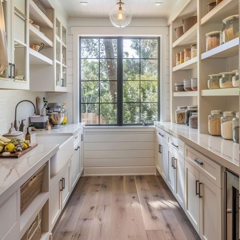 Beautiful Butlers Pantry, Pantry With A Sink, Butlers Pantry With Full Size Fridge, Walk In Pantry Ideas Layout With Fridge, Modern Farmhouse Butlers Pantry, Kitchen With Butlers Pantry Layout Floor Plans, Modern Butlers Pantry, Scullery Ideas Layout, Pantry Window