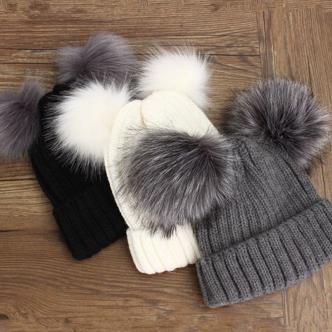 Winter Outdoor Women's Warm Chunky Knit With Double Fur Pom Pom Cute Beanie Hat Fur Pom Pom Beanie, Cute Beanies, Stylish Caps, Fashion Cap, Winter Cap, Cute Hats, Pom Beanie, Fur Pom Pom, Girls Fashion Clothes