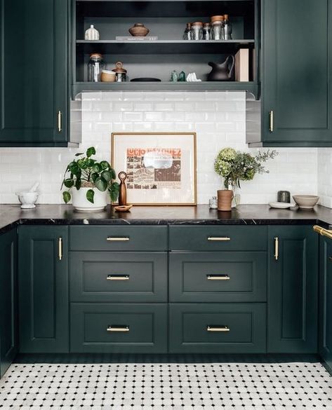 Dark Green Cabinets, Dark Green Kitchen, Green Kitchen Cabinets, White Backsplash, Green Cabinets, Kitchen Redo, Green Kitchen, Counter Tops, Kitchen Style