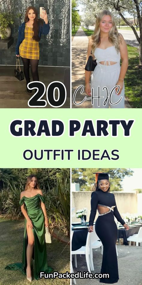 Image features four stylish grad party outfit ideas for women. The text "20 Chic Grad Party Outfit Ideas" is displayed in bold. Styles include a yellow plaid mini dress paired with a denim jacket, a white cut-out jumpsuit, an off-shoulder green gown with a thigh slit, and a sleek black cut-out dress. The theme highlights a mix of casual, trendy, and formal styles perfect for graduation celebrations, ensuring every graduate shines on their special day. Grad Party Outfit Ideas, Grad Party Outfit, Casual Sundresses, All Ideas, Party Outfit Ideas, Sun Dress Casual, Elegant Gowns, Gowns Of Elegance, Grad Party