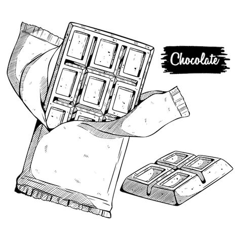 Chocolate Sketch Drawing, Chocolate Bar Sketch, How To Draw Chocolate, Chocolate Bar Tattoo, Candy Bar Drawing, Food Sketch Illustration, Chocolate Bar Drawing, Chocolate Sketch, Drawing Chocolate