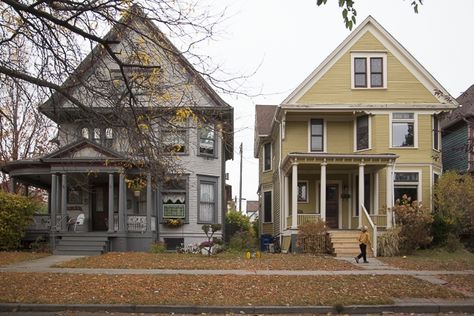 Wood frame houses on Leverrette Street in Corktown, Detroit's oldest neighborhood Suburb Neighborhood Aesthetic, Old Neighborhood Aesthetic, Rural Neighborhood, American Neighborhood Houses, Suburban Neighborhood Aesthetic Night, Perfect Suburban Neighborhood, Detroit Neighborhoods, Detroit Houses, Wood Frame House