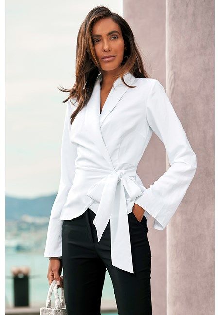 Wrap Top Outfit Classy, Wrap Shirt Outfit, Wrap Top Outfit, Scandal Fashion, White Wrap Blouse, Satin Wrap Top, White Wrap Top, Classy Blouses, Bra Fitting Guide