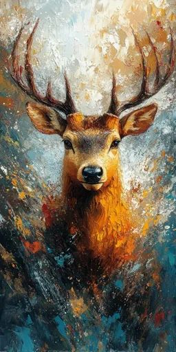 ↑↑↑ Larger size on website 🔸 A close-up painting of a deer's head with large antlers.  The deer's fur is a rich orange and brown, Deer Painting Easy, Painting Deer On Canvas, Deer Reference Photo, Dear Painting Acrylic, Deer Antler Painting Canvas, Deer Painting Acrylic Abstract, Deer In Winter Painting, Painted Antlers, Deer Painting