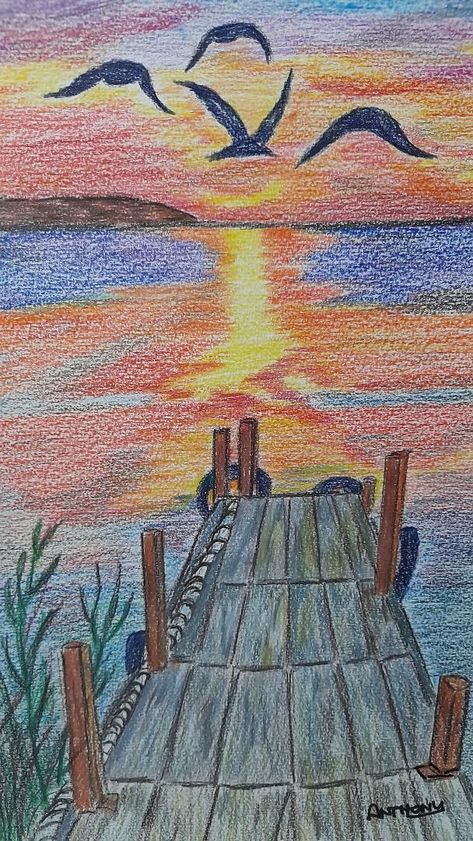 Colored Pencil Art Projects, Buddhist Art Drawing, Drawing Scenery, Crayon Drawings, Nature Art Drawings, Oil Pastel Drawings, Art Tools Drawing, Crayon Art, Painting Art Lesson