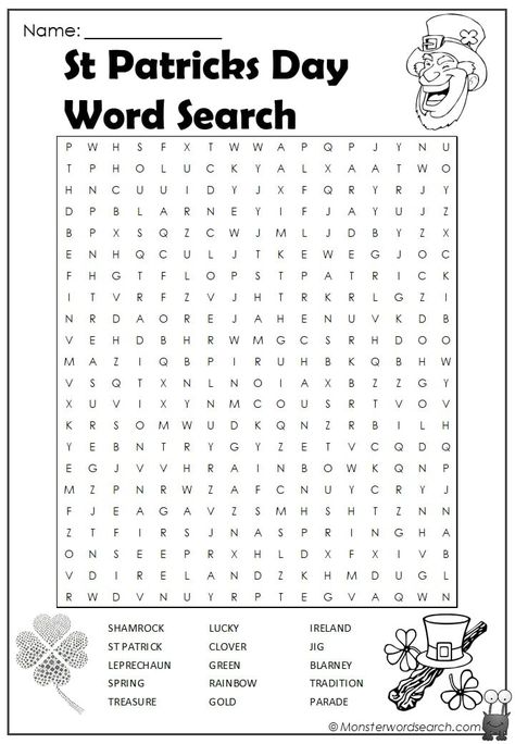 Check out this fun free ST Patricks Day Word Search, free for use at home or in school This is a printable ST Patricks Day Word Search pdf file, just click on the image to open the pdf, you can save it or print it. Words included in this fun file are: SHAMROCK ST PATRICK St Patrick’s Day Worksheets, March Word Search, St Patricks Day Worksheets, St Patricks Printables, St Patricks Day Activities, St Patrick's Day Word Search, St Patricks Activities, Fun Sheets, Sant Patrick