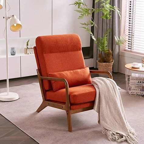 MID-CENTURY CHARMING - Designed with curved arms and flared legs, this accent chair with extra pillow is full of mid-century style charming. The burnt orange color of fabric with natural wood color of frame is a nice combination, which is suitable for any style of your home decorations. Retro Armchair, Fabric Accent Chair, Modern Accent Chair, Mid Century Modern Chair, Leisure Chair, Mid Century Chair, Fabric Armchairs, Upholstered Arm Chair, Single Sofa