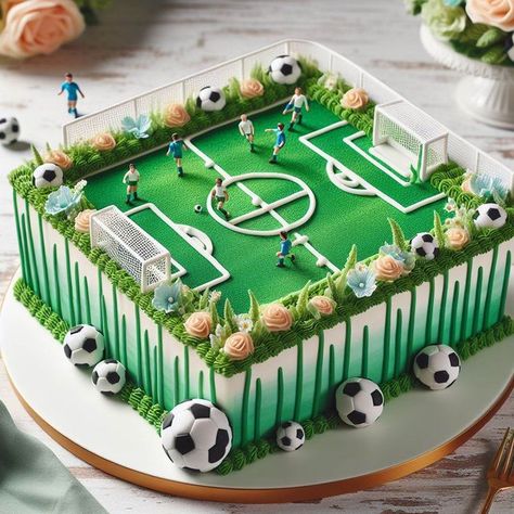 2 Tier Football Cake, Tort Happy Birthday Boy, Sport Cake Ideas, Soccer Cake Ideas For Boys, Soccer Field Cake, Soccer Cake Ideas, Yellow Cakes Decoration, Football Cake Design, Sports Birthday Cakes