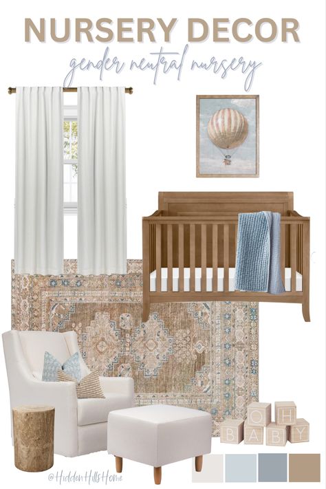 Gender neutral nursery decor mood board with baby blue, brown, and cream tones throughout Blue White And Brown Nursery, Brown And Blue Rug, Gender Neutral Classic Nursery, Brown And Cream Nursery, Light Brown Nursery Walls, Twin Nursery Ideas Neutral, Cream Colored Nursery, Blue And Sage Nursery, Shades Of Blue Nursery