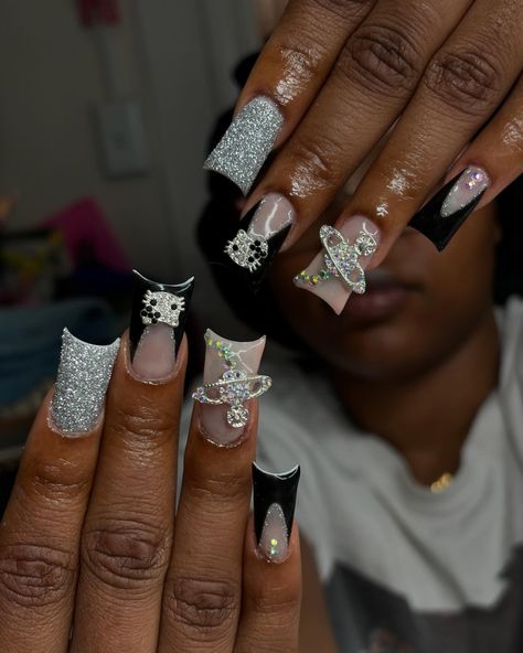 birthday duckiess 🖤 - if you’re seeing this dm @nails.bydaya_ to book an appt 🤍 - - - - - - - - - - - - #hknails #hellokittynails #birthdaynails #blackfrenchies #silverglitter #reflectiveglitter #frenchtips #ducknails #duckies #silverglitternails #fyp #gelxnails #gelxnailtech #bptnailtech #ctnailtech #ctnails #bptnails #bridgeportnails #bridgeportct #bridgeportnailtech #bridgeportctnailtech #bridgeportctnails #beginner #notaprofessional #justforfun #nailart #naildesigns #nailinspo #nails.by... Junk Duck Nails, Makeup Morphe, Cute Online Clothing Stores, Silver Glitter Nails, Pink Ombre Nails, Duck Nails, Colored Acrylic Nails, Colored Acrylic, Acrylic Nails Designs