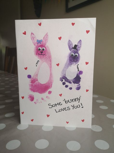 Rabbit Footprint, Somebunny Loves You Footprint Craft, Homemade Mother’s Day Card From Baby, Mother’s Day Card Baby Footprint, Baby Feet Mother’s Day Card, Toddler Art Projects, Some Bunny Loves You, Baby Hands, Handprint Art