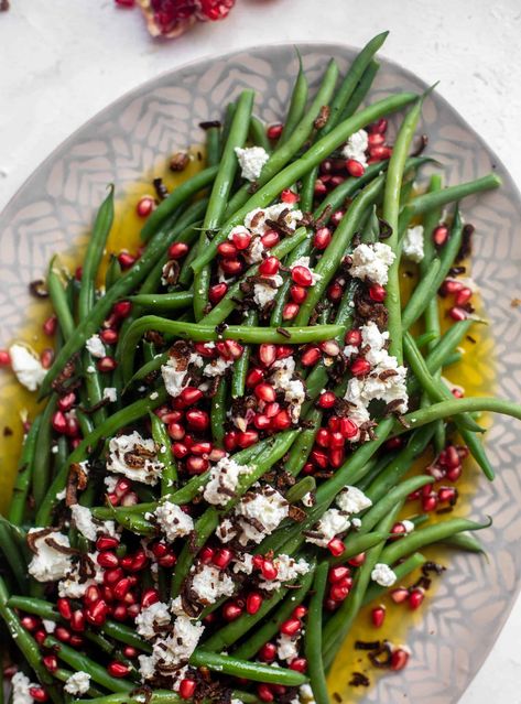 Mustard Green Beans, Pomegranate Goat Cheese, Christmas Green Beans, Maple Mustard Vinaigrette, Blanched Green Beans, Traditional Green Bean Casserole, Green Bean Dishes, Blanching Green Beans, Green Bean Salad