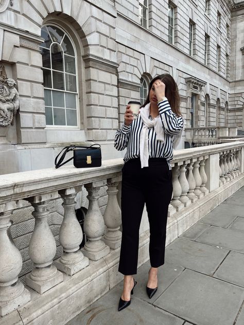 Striped Silk Shirt Outfit, Silk Striped Shirt, Silk Shirt Outfit, Chic Office Outfit, Navy Striped Shirt, Cream Heels, Cashmere Jumper, Chic Office, Stripe Silk