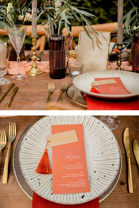 Place names personalised with modern calligraphy onto neutral card and accessorised with a bold fluffy tassel. Layered on a coral wedding menu with white calligraphy. Read more about this bold rustic outdoor wedding on the LouPaper blog. Image credit: VLA Photography. Wedding Menu With Tassel, Terracotta Name Cards, Orange Wedding Place Settings, Wedding Menu Tassel, Terracotta Place Cards, Orange Place Cards, Outdoor Wedding Shoot, Terracotta Menu Card, Pastel Wedding Stationery