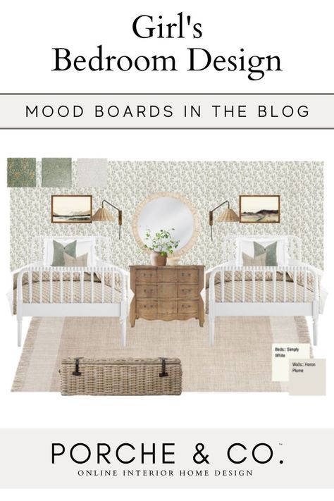 Image for a blog about Girls Room Designs from Porche & Co. Room Style Ideas, Bedroom Mood Board, Room Mood Board, Shared Girls Room, Kids Rooms Inspo, Shared Girls Bedroom, Bedroom Design Inspiration, Kids Bedroom Design, Girl Bedroom Designs