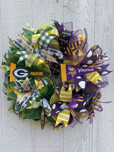 Green Bay Packers Minnesota Vikings House Divided Wreath/ NFL Wreath/ Football Wreath/ Packers-Vikings Wreath/ Door Wreath by DesignsByDutches on Etsy Vikings House, Green Bay Packers Wreath, Packers Wreath, House Divided Wreath, Viking House, Wood Initials, Sports Wreaths, Green Sheets, Football Wreath