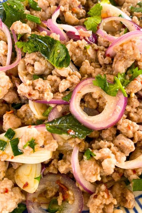 Close-up of Thai larb with minced pork. Turkey Larb Recipe, Healthy Thai Salad, Thai Dinner Recipes, Larb Salad, Thai Larb, Pork Larb, Larb Recipe, Thai Salad Recipes, Easy Thai Recipes