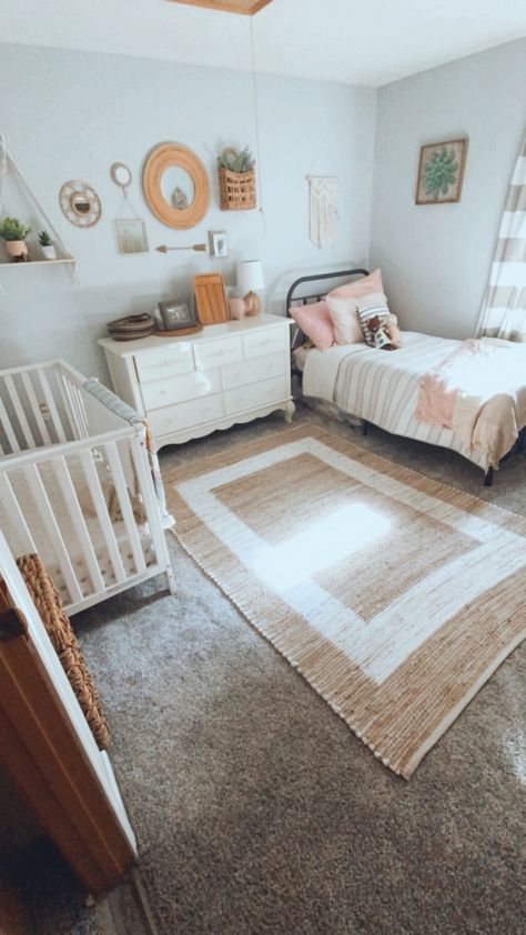 Nursery Ideas Shared With Sibling, Shared Room Crib And Twin Bed, Shared Sisters Bedroom With Crib, Split Nursery And Bedroom, Simple Shared Bedroom Ideas, Toddler Bed And Twin Bed Shared Room, Toddler Boy Shared Room Ideas, Twin Bed And Crib Shared Room Layout, Toddler And Baby Girl Shared Room