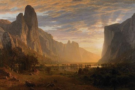 Looking Down Yosemite Valley, by Albert Bierstadt, 1865. Parks Landscape, Albert Bierstadt Paintings, Albert Bierstadt, Hudson River School, Romantic Period, Yosemite Valley, Hudson River, Landscape Artist, American West